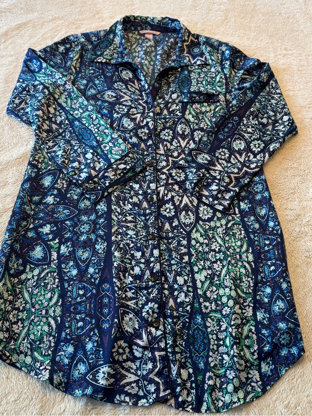 Victoria’s Secret Sleep Shirt Dress Sz M Blue Medallion Cottage Preppy